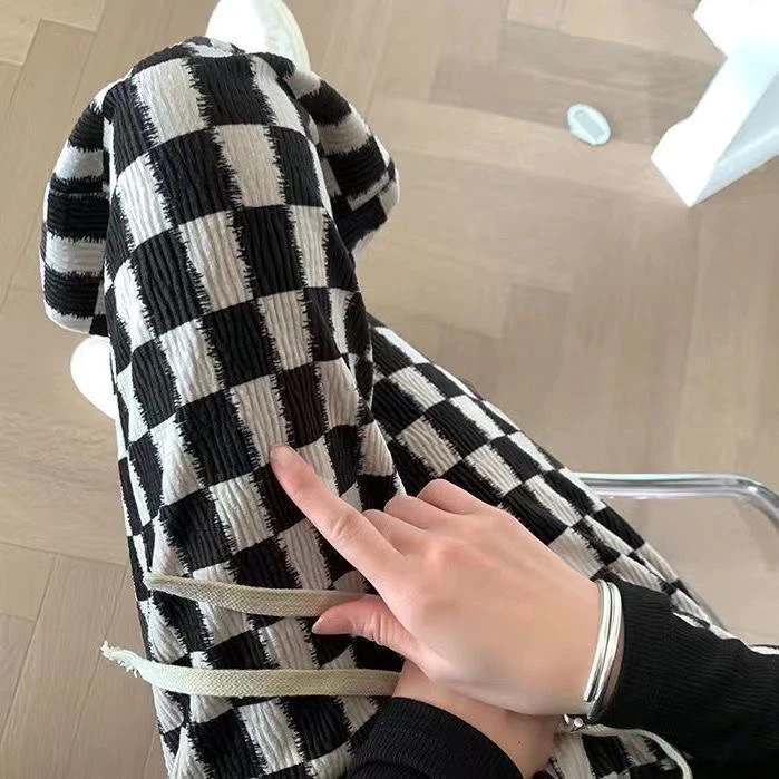 冰凉裤大码胖MM冰丝黑白格裤子女宽松显瘦夏季高腰直筒休闲阔腿裤