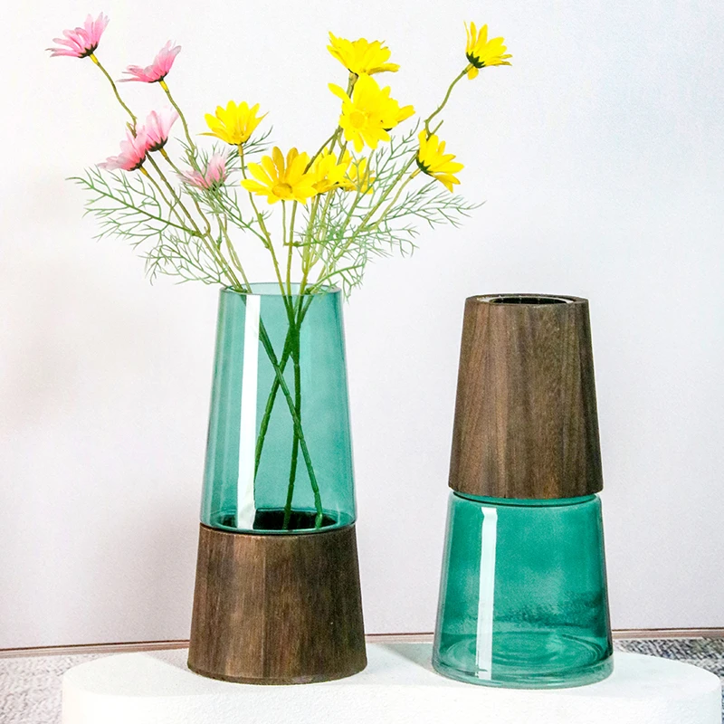 简约创意木头木罩木托玻璃花瓶彩色插花客厅摆件家居装饰摆件