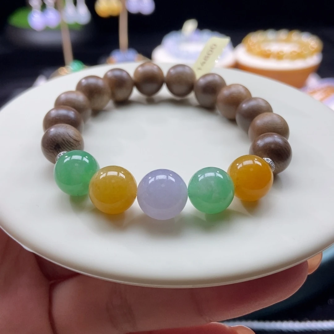 沉香木手串翡翠浓色五彩卡11+