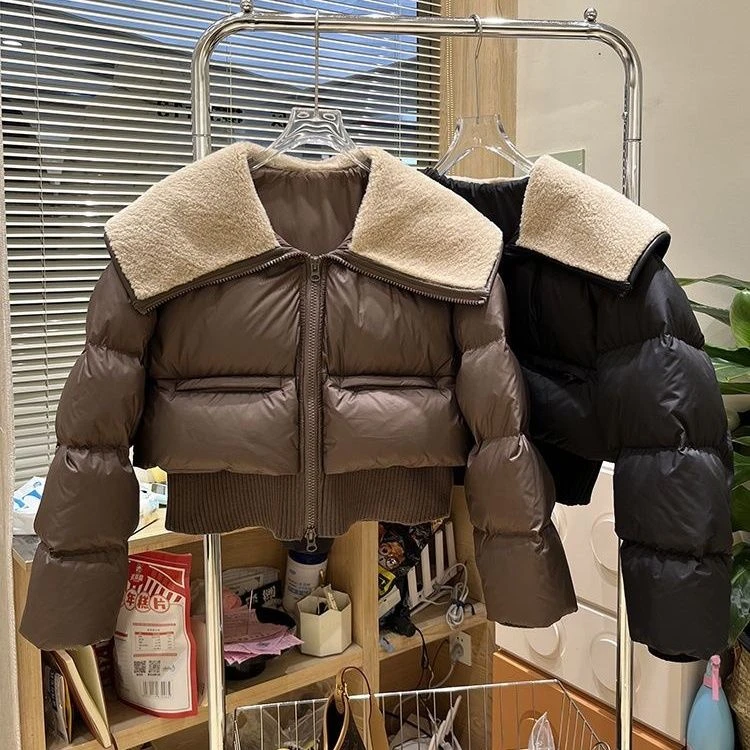 秋冬季新款棉服女短款高级感羊羔毛拼接大翻领小个子加厚棉衣外套