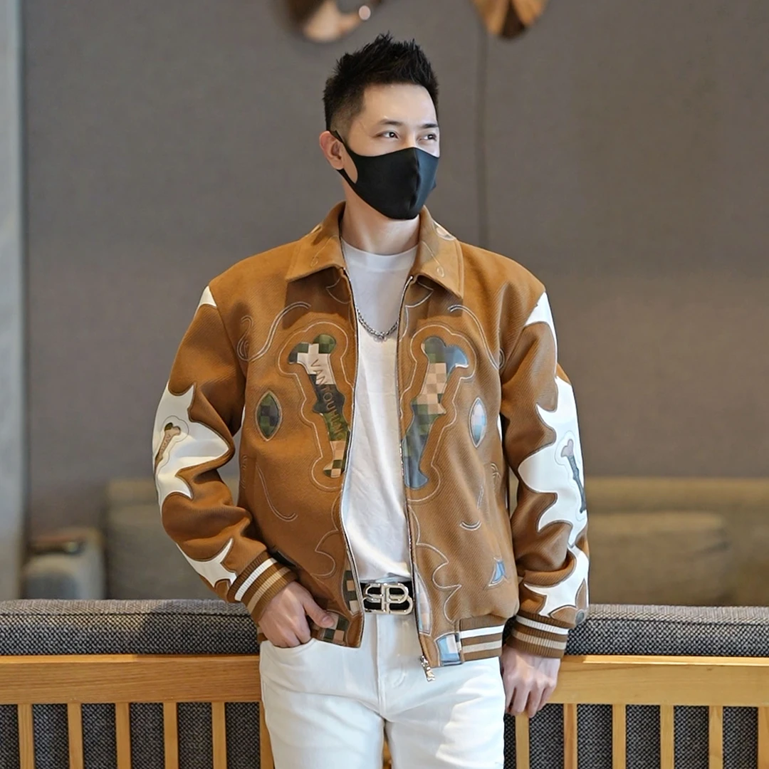 欧货2024秋季时尚撞色刺绣百搭翻领夹克男修身帅气短款外套