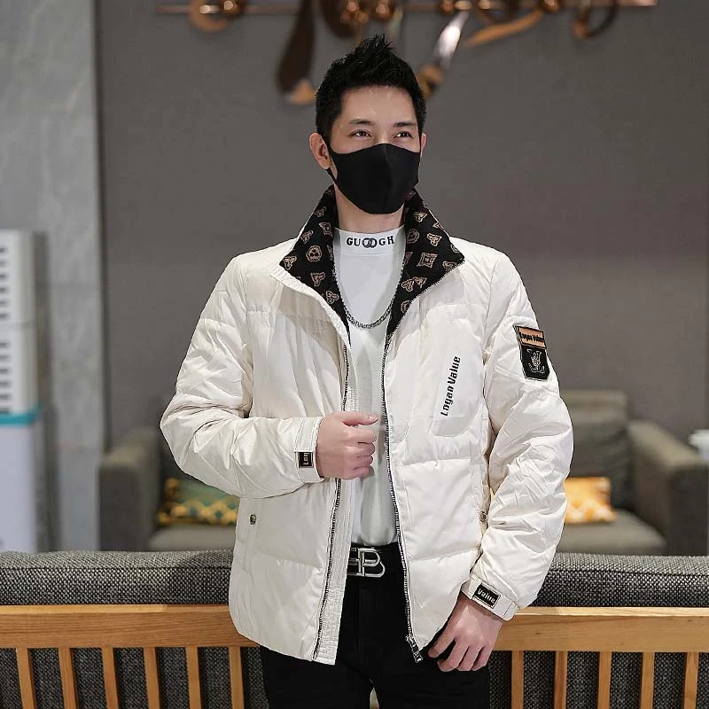 冬季潮流时尚拼色立领羽绒服男百搭休闲日常保暖加厚修身上衣外套