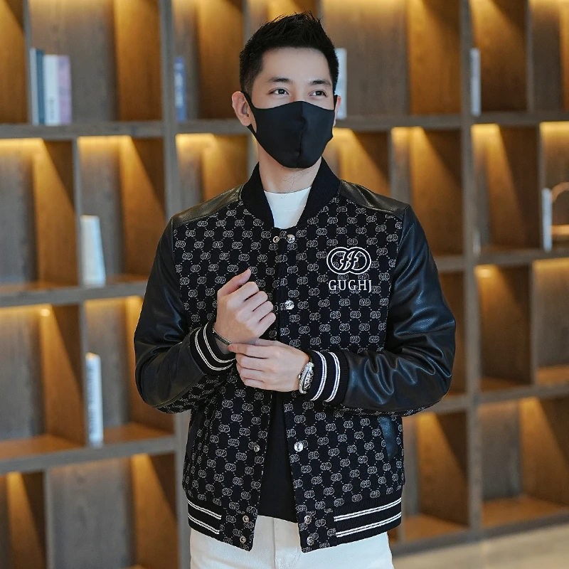 秋冬季潮牌轻奢复古老花拼接棉夹克男休闲百搭时尚印花棒球领外套