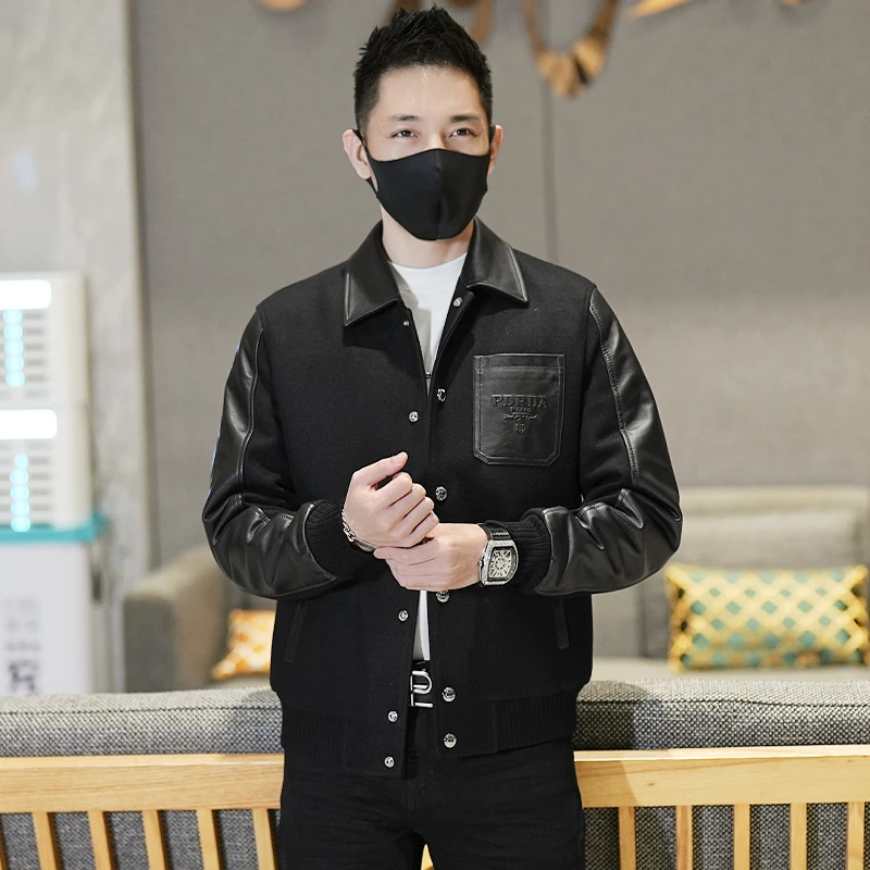 冬季轻奢潮流百搭压花拼皮羽绒服男士时尚休闲短款修身白鸭绒外套