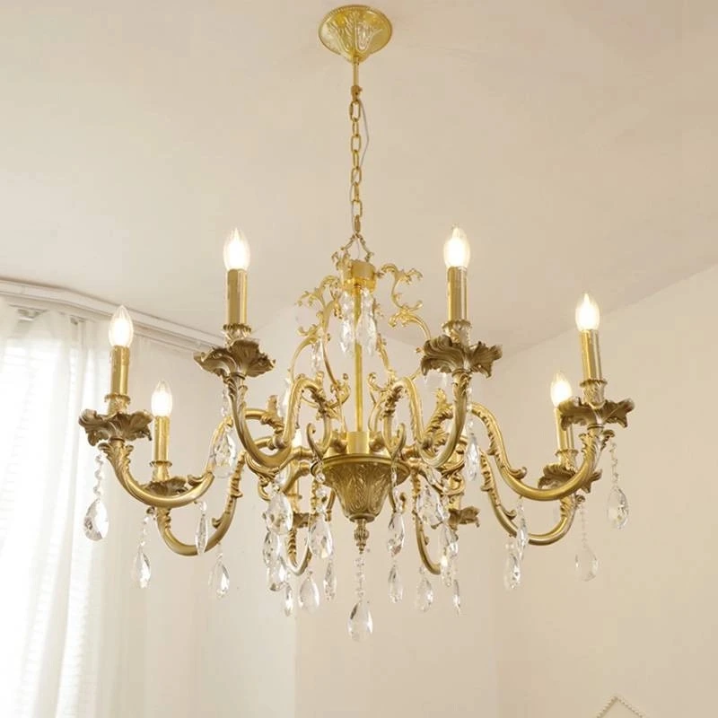 全铜款 美式古经典六臂黄铜水晶蜡烛灯法式复古客厅大气轻奢餐吊