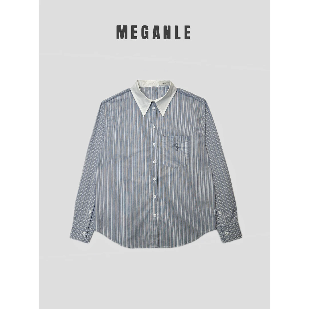 【MEGANLE】经典前后单排扣设计拼色休闲条纹长袖衬衫2024080