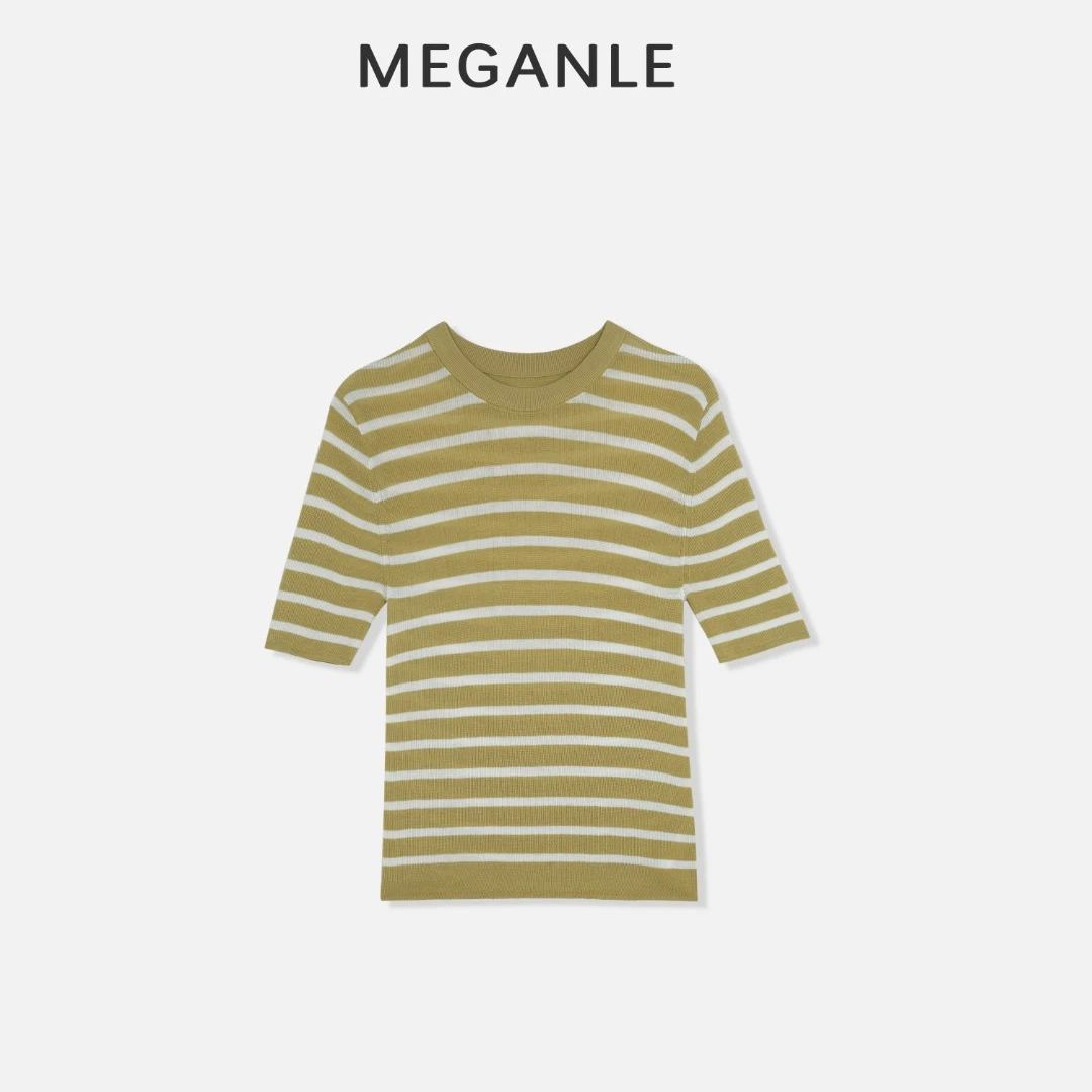 【MEGANLE】慕斯条纹 夏季圆领弹力修身针织五分袖上衣2024285