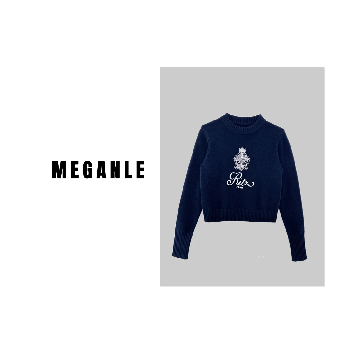【MEGANLE】暮色 小众高级简约圆领套头拼色刺绣毛衣2024026