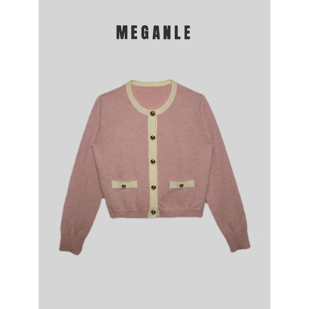 【MEGANLE】小香风气质高级撞色拼接金扣长袖针织开衫2024067