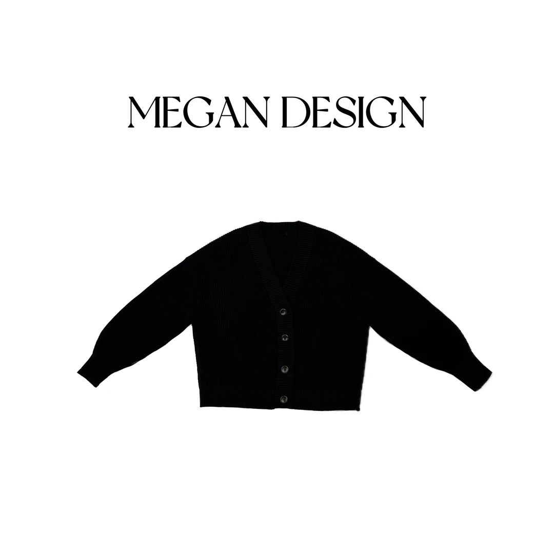 【MEGANLE】高克重纯色V领百搭休闲粗纺针织毛衣开衫202333