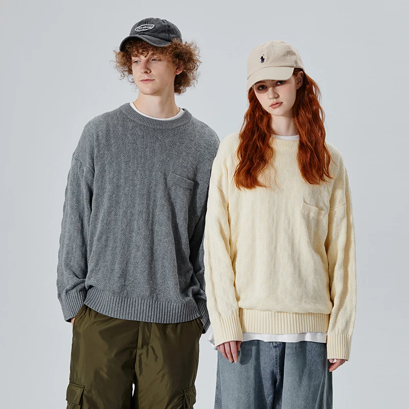 PSOBrand男士户外纯色日系简约圆形纹理圆领毛衣打底针织衫PS5468