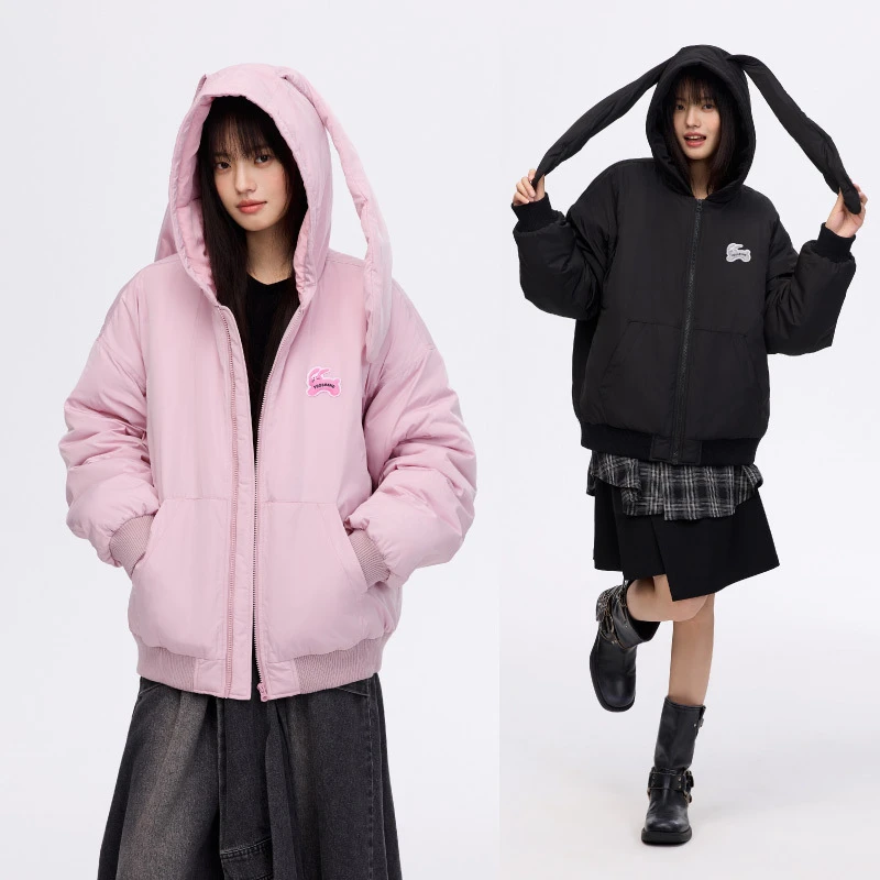 PSO Brand可爱兔耳朵连帽棉服女冬季通勤保暖趣味厚外套PMF052