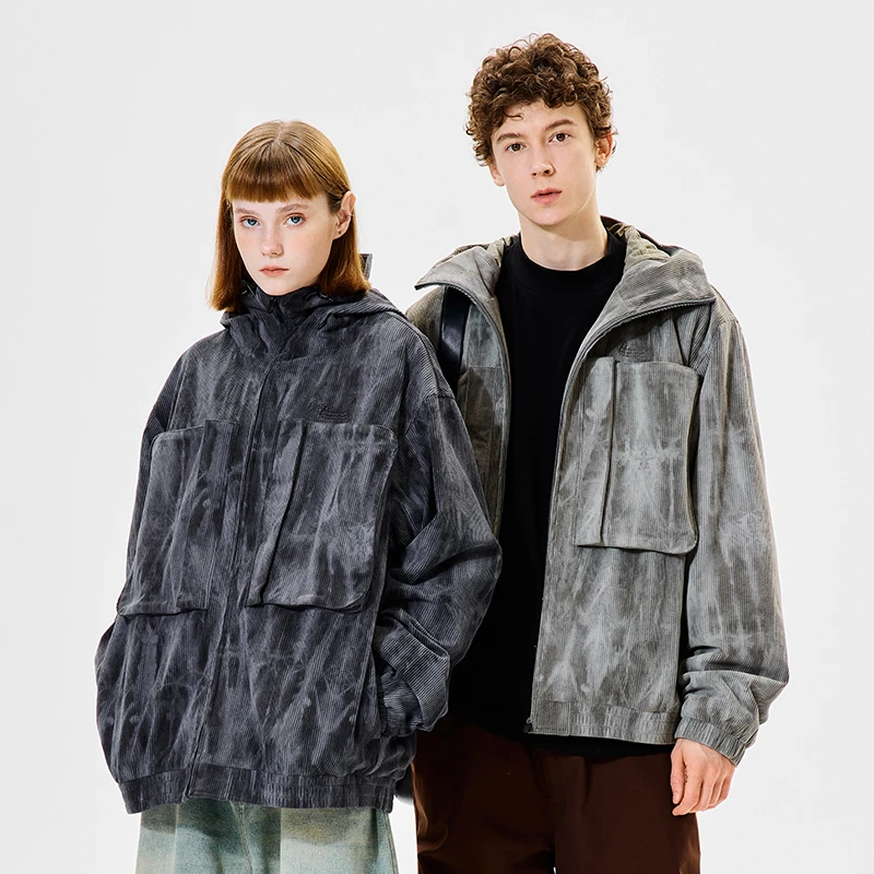 PSOBrand扎染灯芯绒连帽双口袋夹棉外套情侣宽松防风户外PMF026