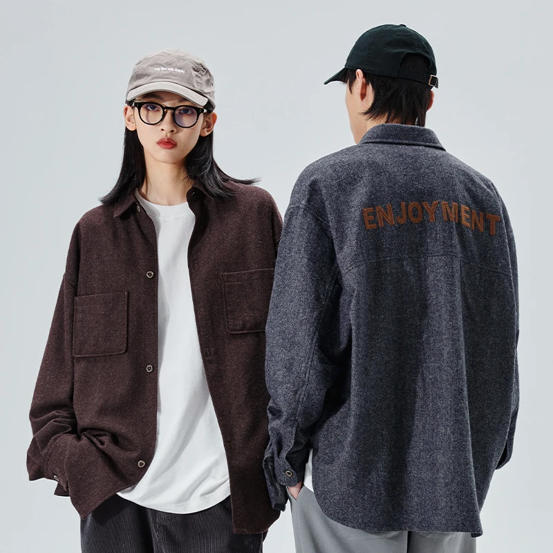 PSOBrand羊毛混纺毛呢宽松复古日系男士刺绣长袖衬衫潮外套PS5464