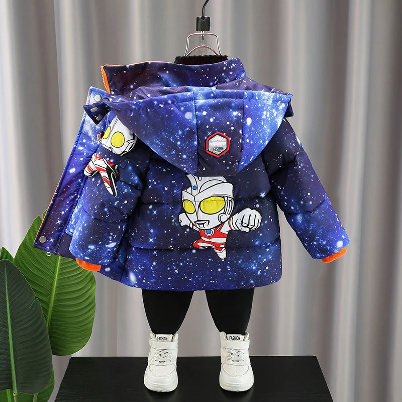 奥特曼男童加绒棉衣22新款宝宝冬季外出棉服儿童加厚痞帅棉袄外套