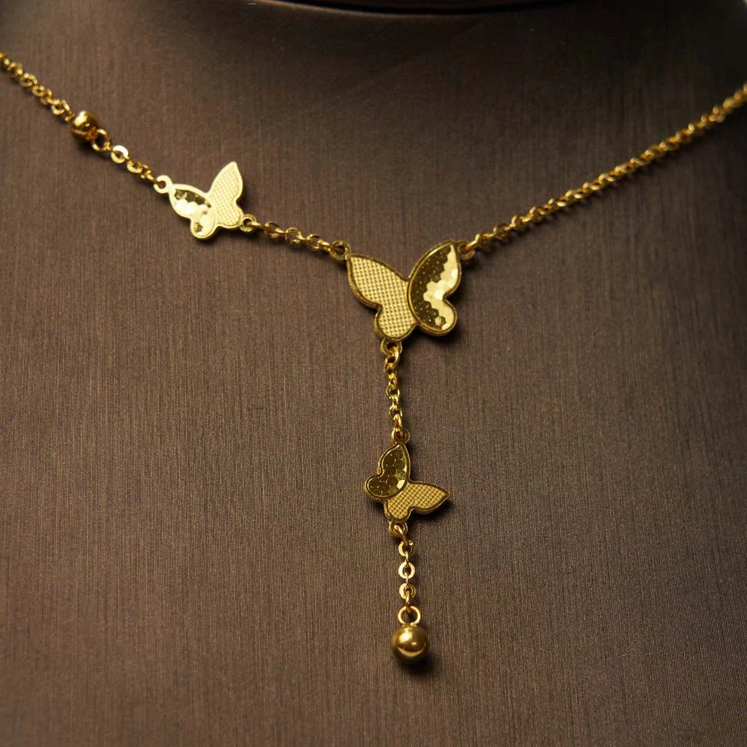 【金展珠宝】足金 鱼鳞三只蝴蝶流苏圆珠套链