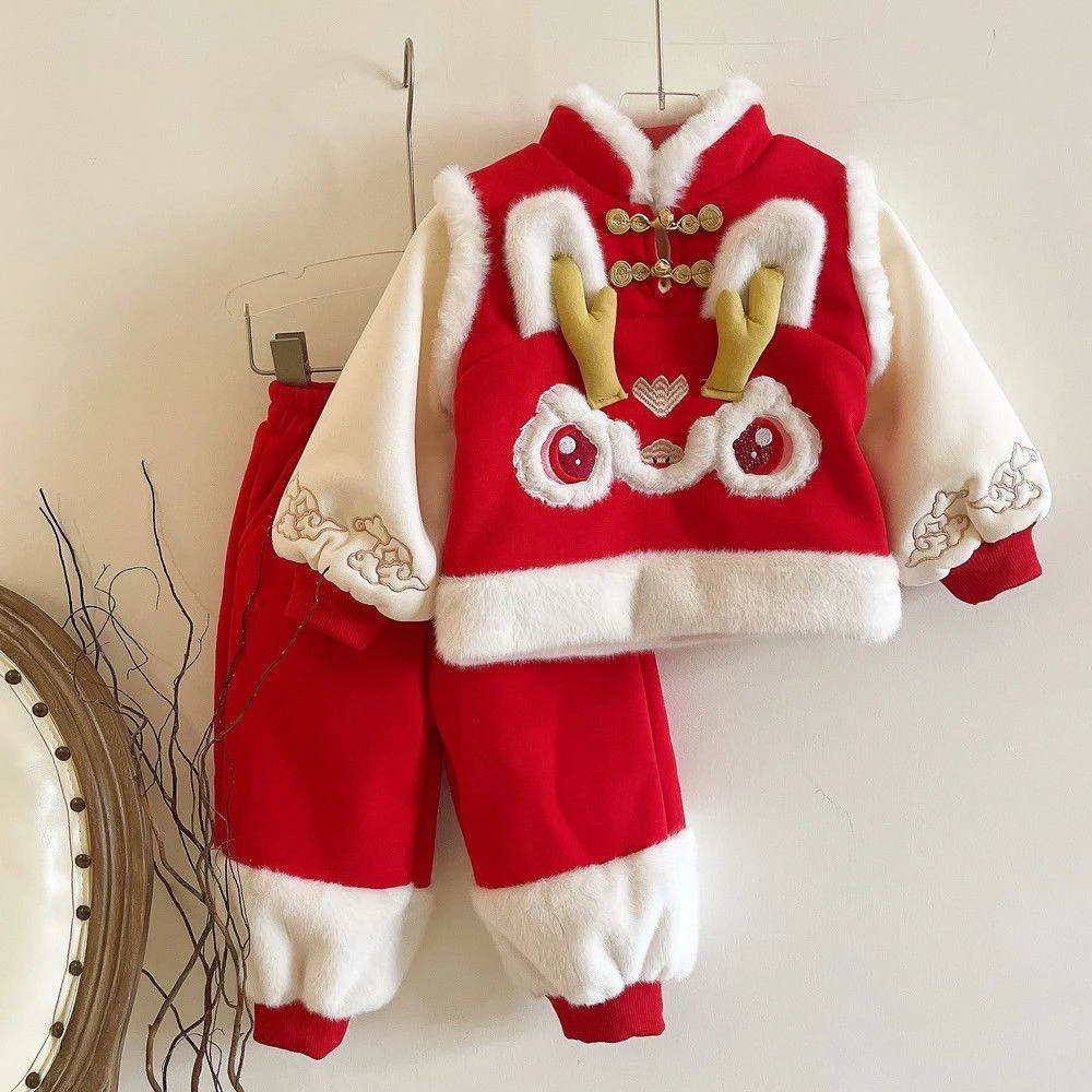 儿童拜年服套装新款龙年冬季唐装中国风喜庆新年装汉服加厚两件套