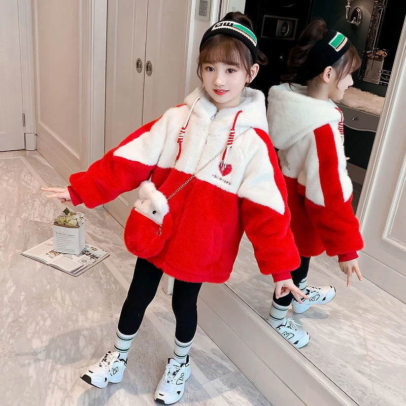 女童外套冬装2023新款洋气水貂绒儿童加绒加厚中大童毛毛衣女孩冬