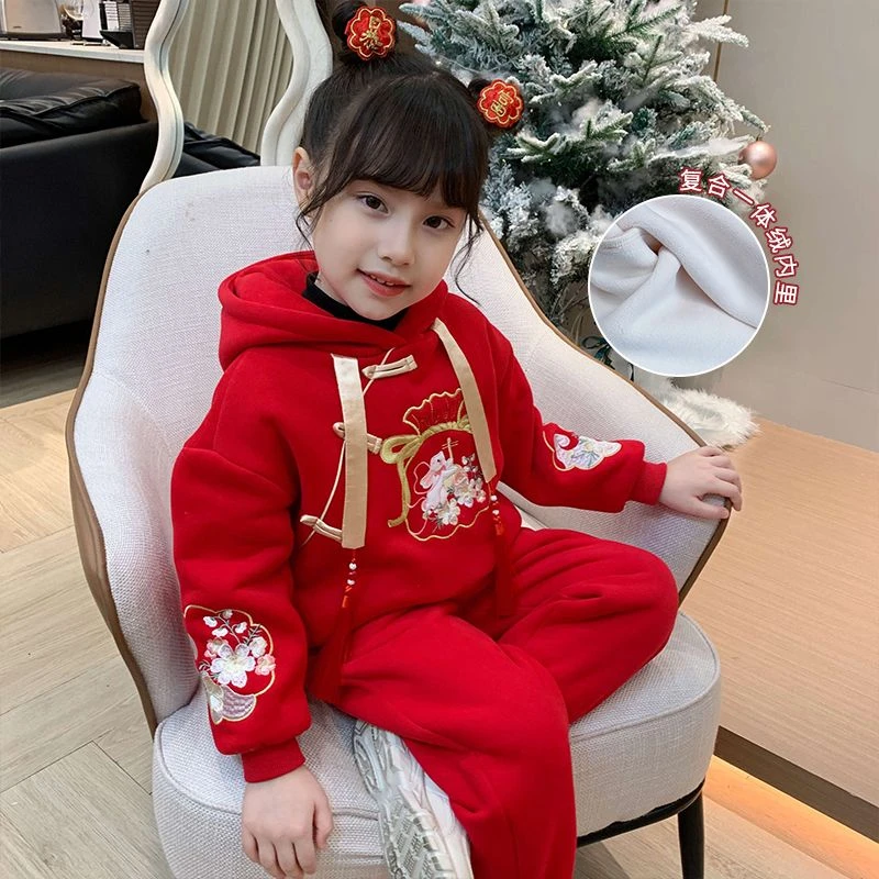 女童加绒套装冬装2023新款儿童中国风拜年服小女孩连帽卫衣两件套