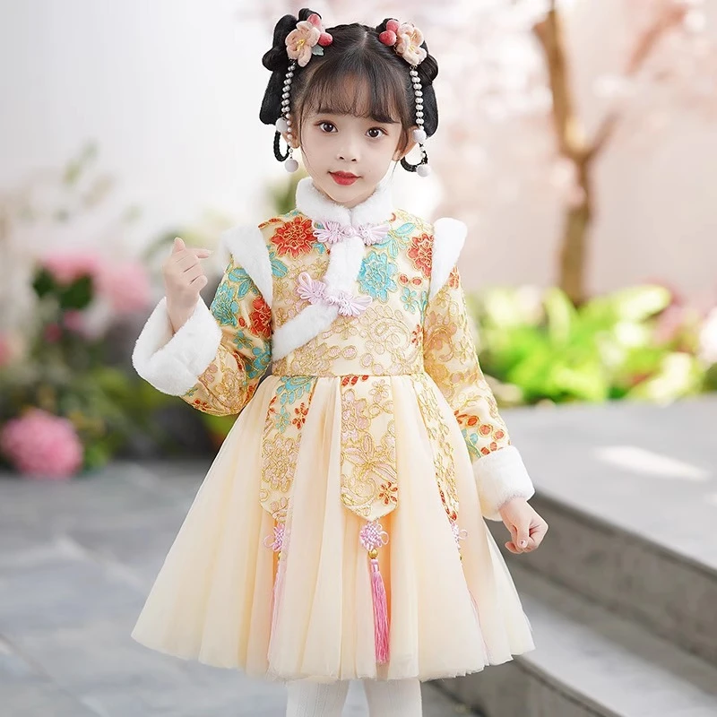 汉服冬款女童连衣裙儿童国风古装裙子冬季女宝冬装2023新款拜年服
