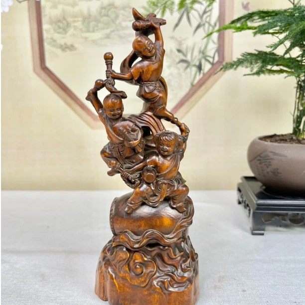 小叶黄杨木仿古做旧（敲锣打鼓）欢天喜地家居装饰摆件复古怀旧工艺