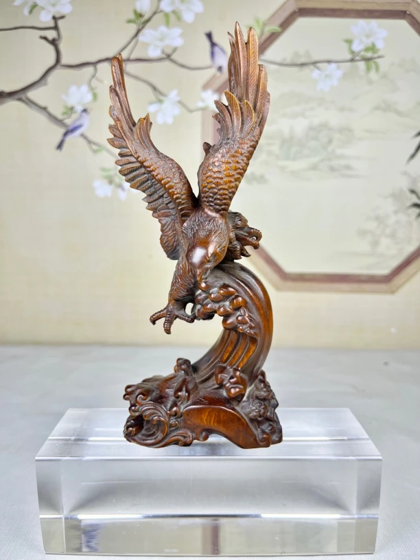 小叶黄杨木仿古做旧(大鹏展翅)老鹰雕塑物件招财进宝复古摆件工艺