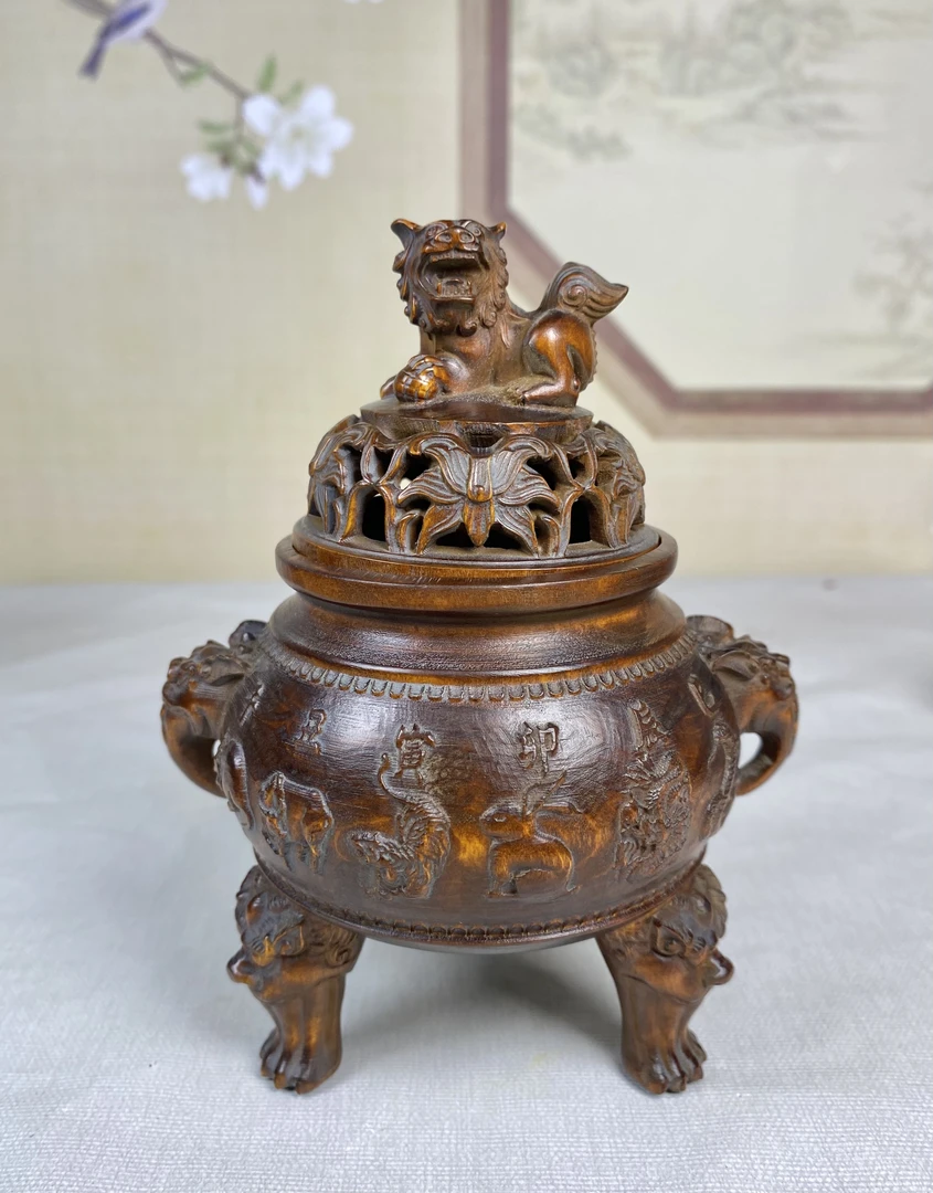 小叶黄杨木仿古做旧（十二生肖香炉）高14口径10貔貅实雕刻复古工艺