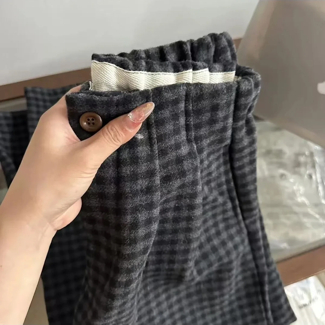 呢料加绒格子阔腿裤女秋冬高腰显瘦休闲裤韩系气质洋气大脚裤