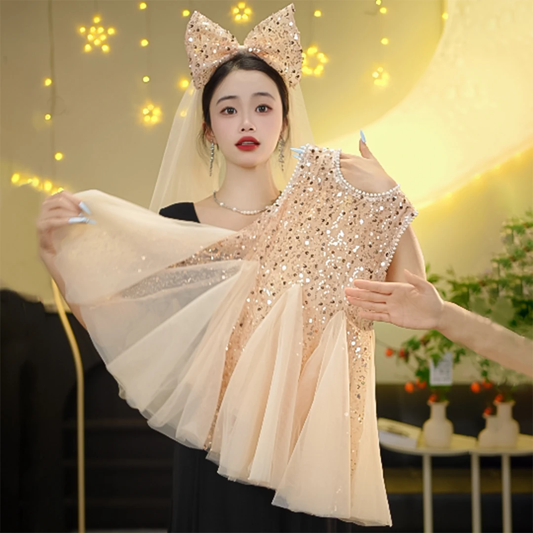 【YT香槟公主8】2024女童夏季高端定制新中式改良旗袍头纱亮片裙
