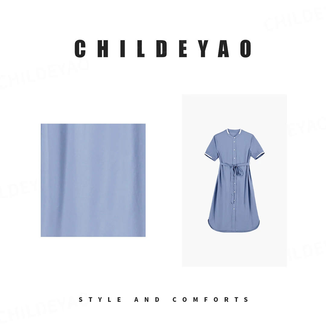 Childe Yao『罗马假日』 撞色立领蓝色衬衫连衣裙A4137