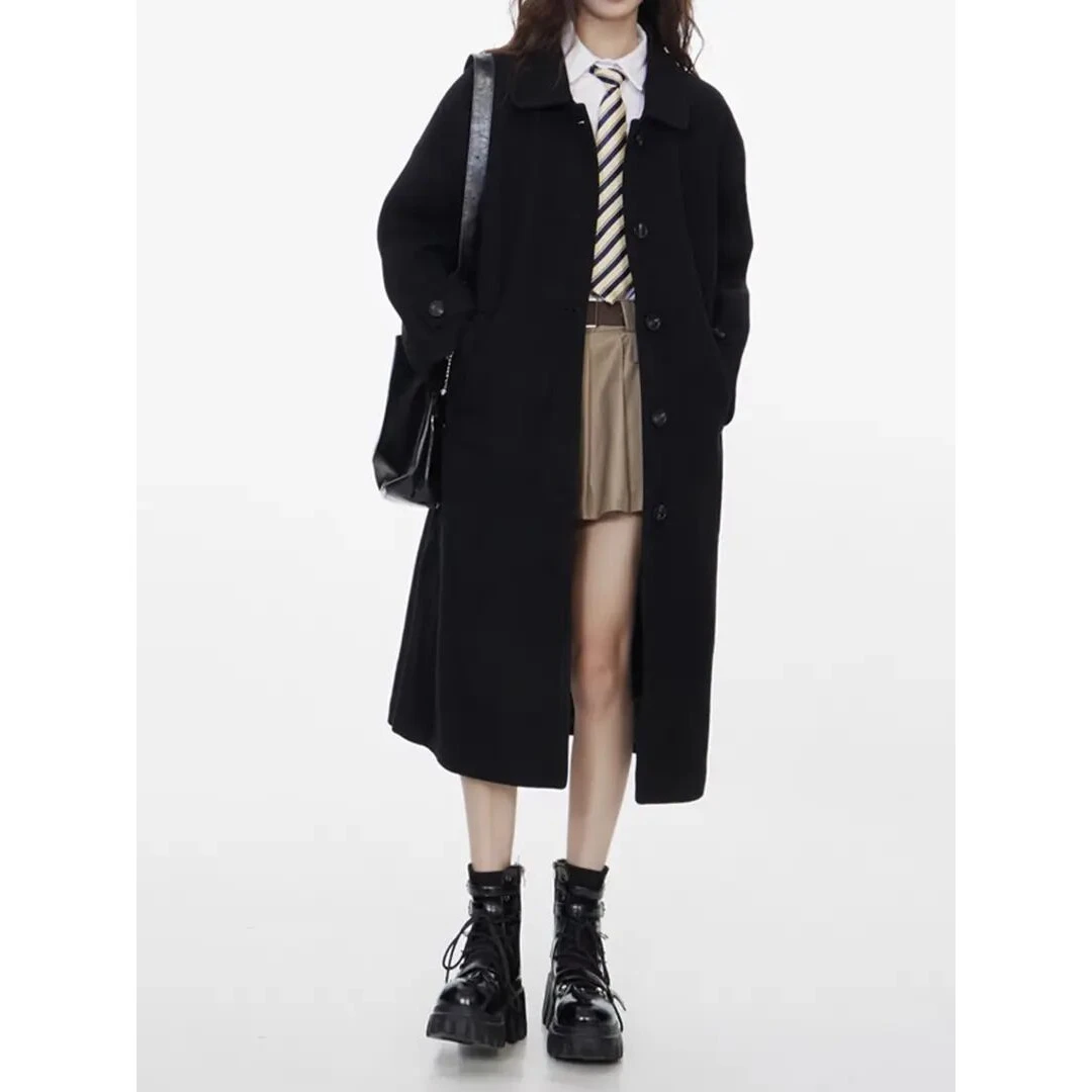 2024年新款韩系小个子赫本风黑色毛呢外套女冬季休闲黑色大衣