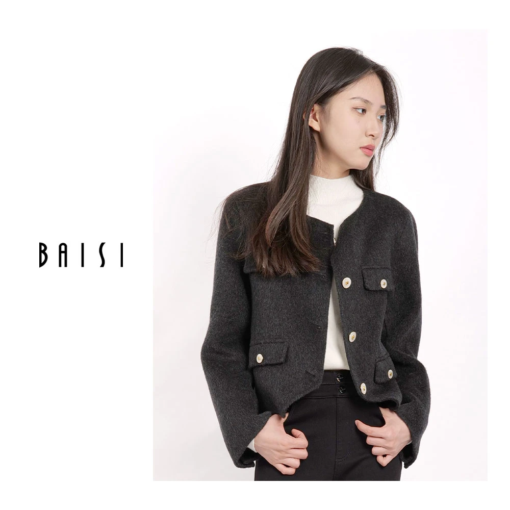 洋气时尚衣服百丝品牌正品黑白双色短款百搭大衣毛呢短外套AF