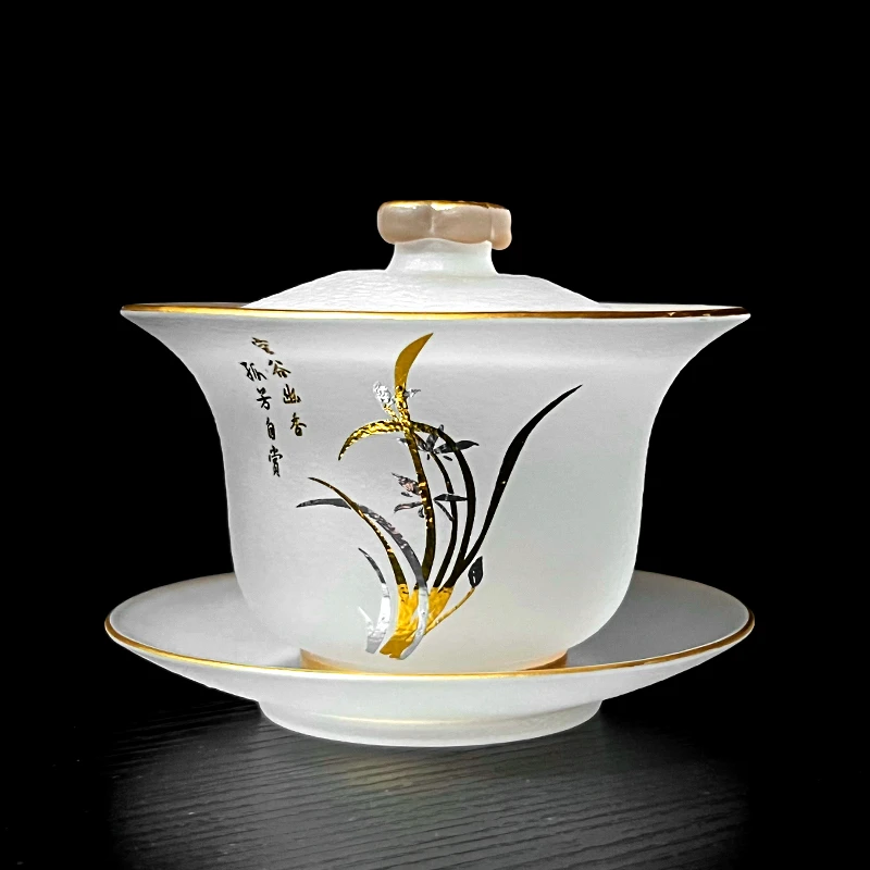 茶盖碗大容量防烫泡茶杯三才盖碗套装高档大号描金非手工陶瓷