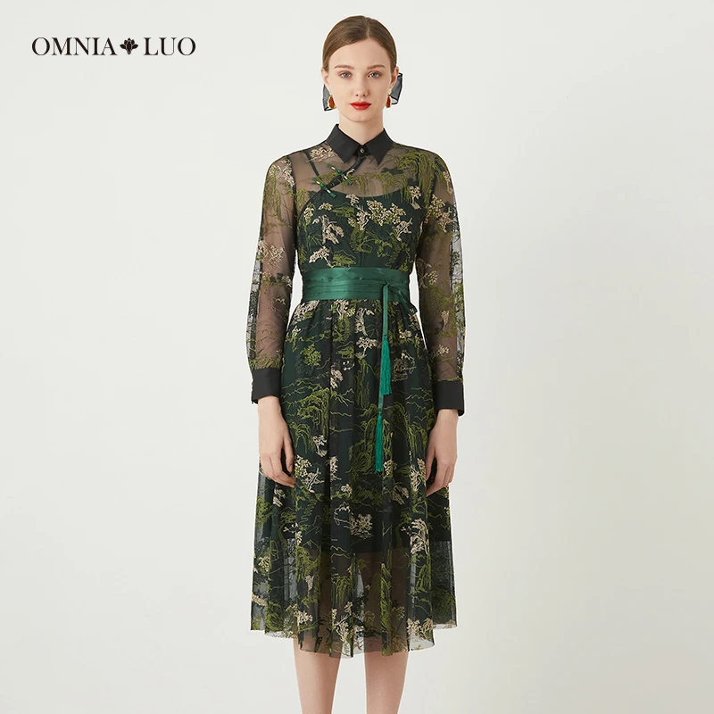 欧柏兰奴【商场同款】23年秋优雅新中式花卉刺绣长袖连衣裙配腰封