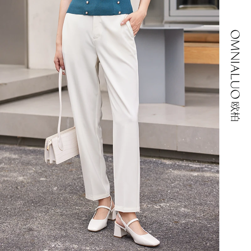 【粉丝专属】欧柏兰奴春OL通勤纽扣纯色直筒裤中高腰长裤