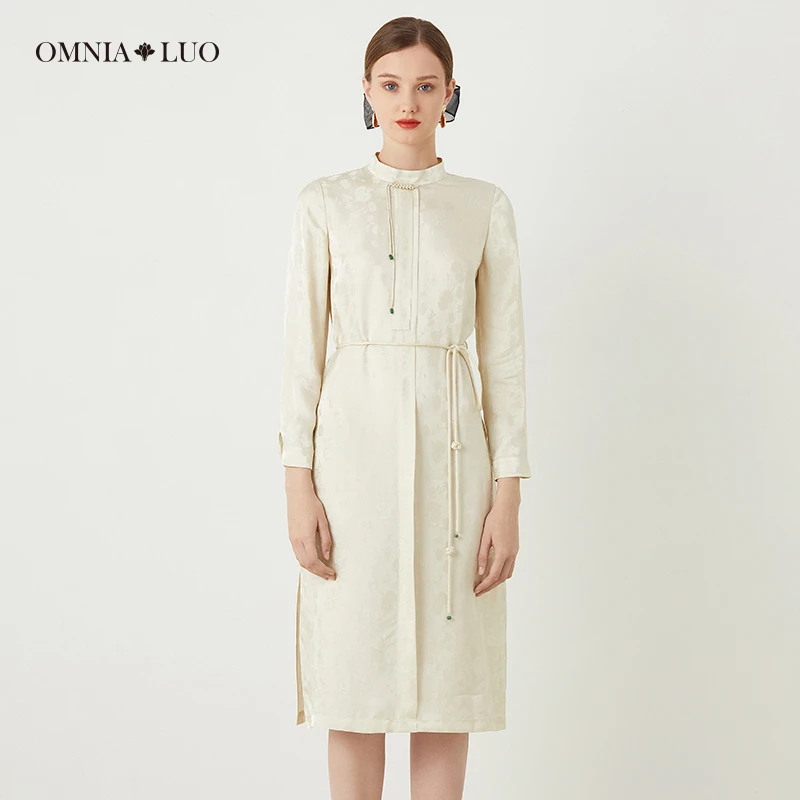 欧柏兰奴【商场同款】2023年秋优雅印花花卉长袖立领连衣裙配腰带