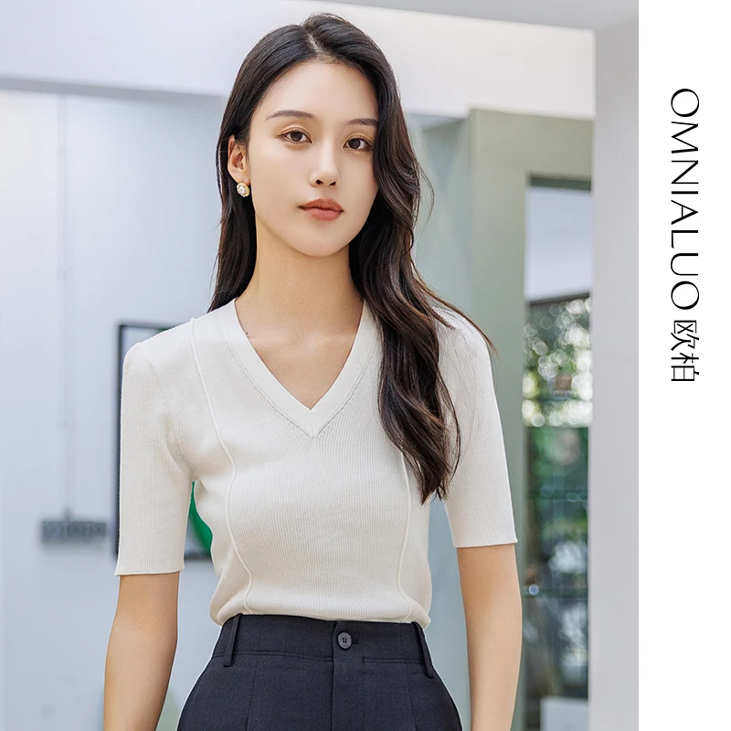 欧柏兰奴【商场同款】2024年秋优雅短袖V领套头修身毛衫打底衫