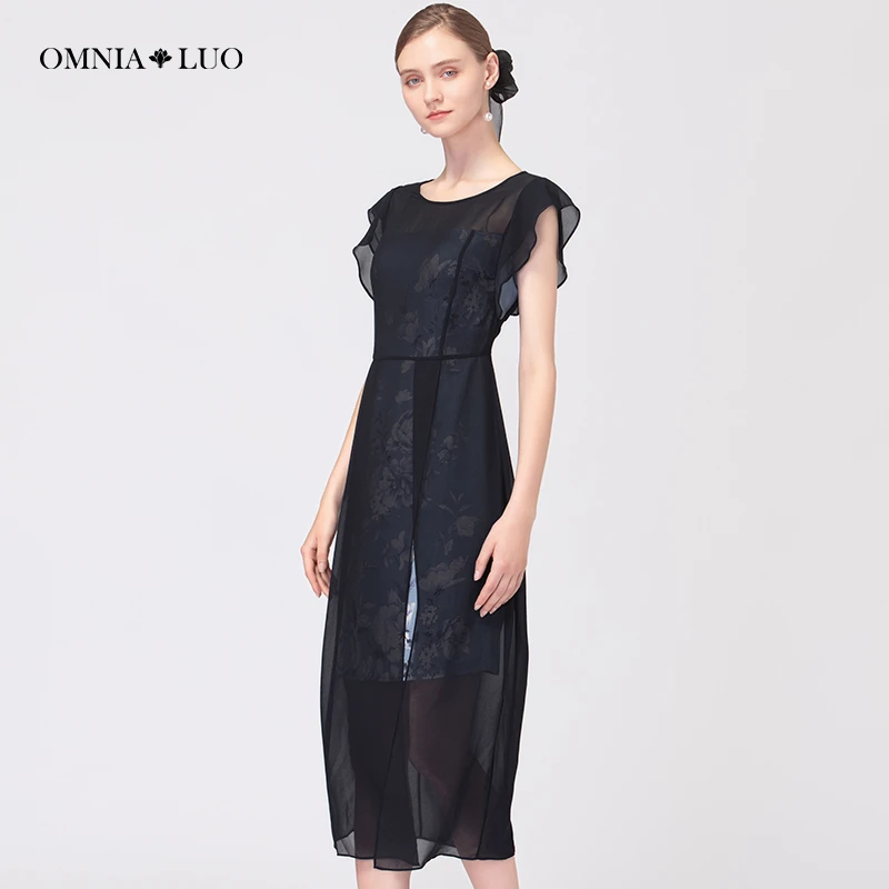 欧柏兰奴商场同款春秋优雅知性收腰印花连衣裙中长款一步裙夏季