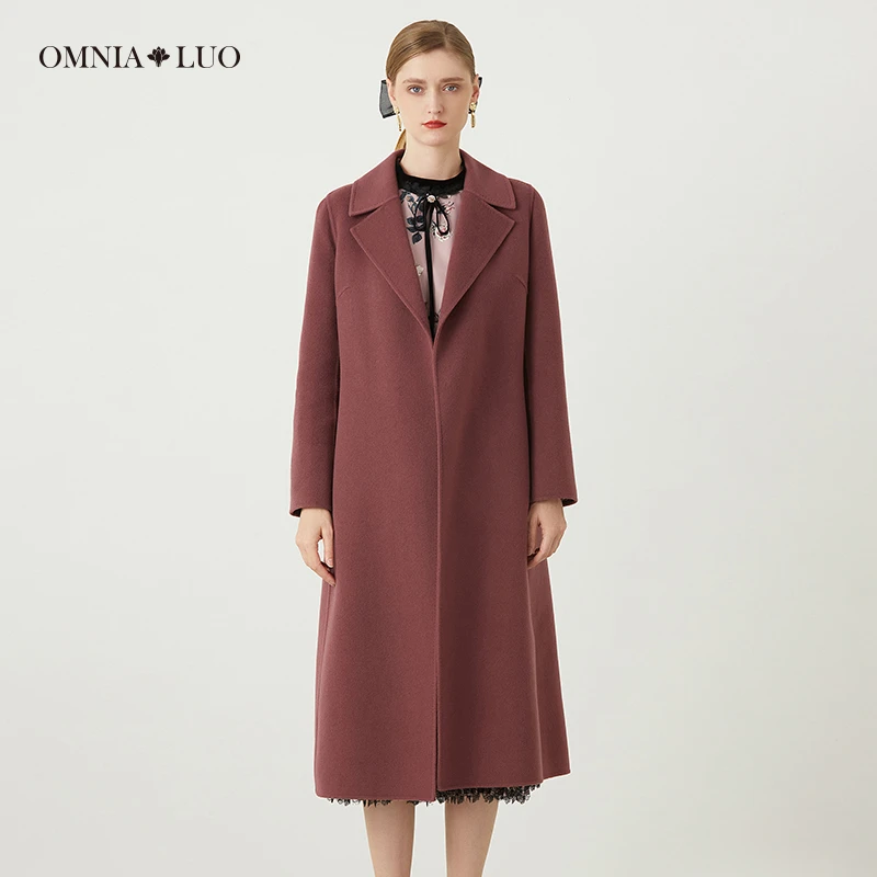 欧柏兰奴【商场同款】冬绵羊毛优雅纯色长袖西装领大衣配腰带