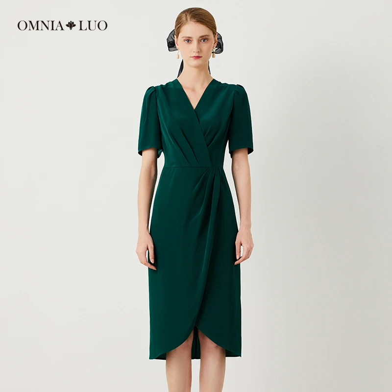 欧柏兰奴纯色气质夏季收腰夏优雅短袖泡泡袖V领修身中高腰连衣裙