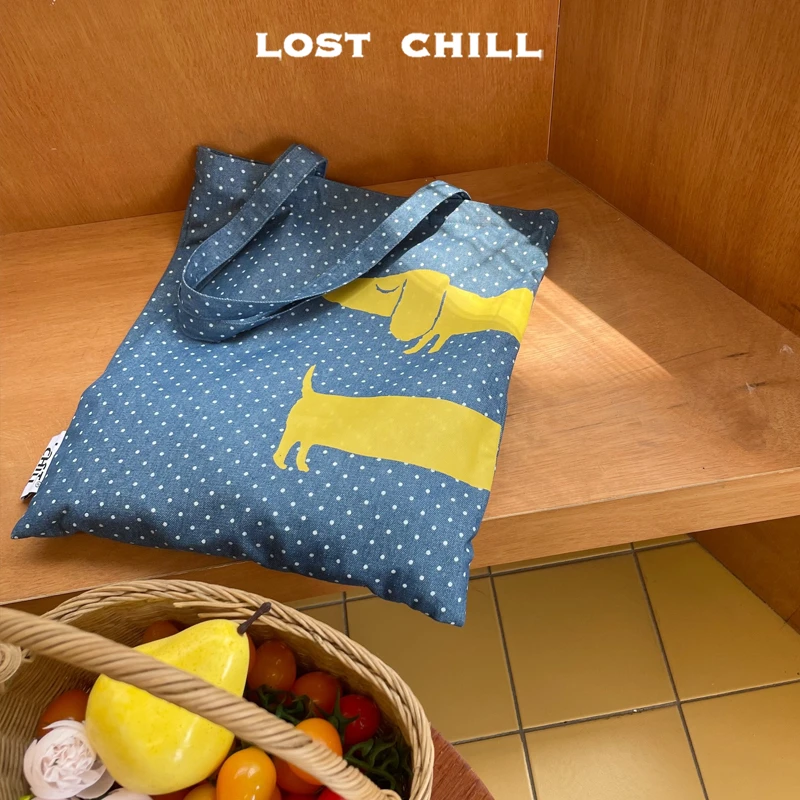 Lost Chill-原创复古波点牛仔包小狗帆布包撞色休闲帆布袋大容量