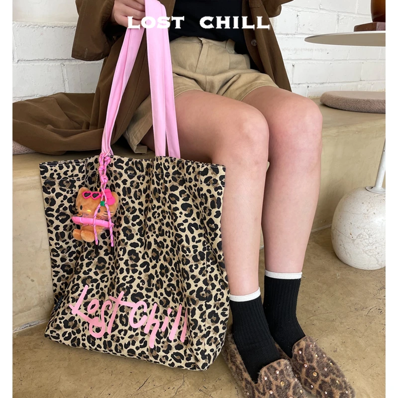 Lost Chill-原创早秋复古豹纹包大容量托特包粉色涂鸦帆布包甜酷
