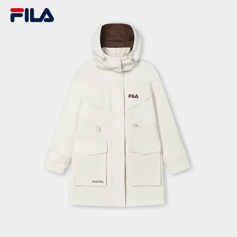 Fila/斐乐女梭织外套2025春季新款宽松连帽中长款风衣F11W419701