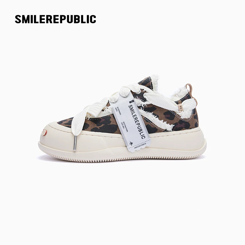 SMILEREPUBLIC 棕色豹纹低帮可替换开口笑厚底帆布鞋
