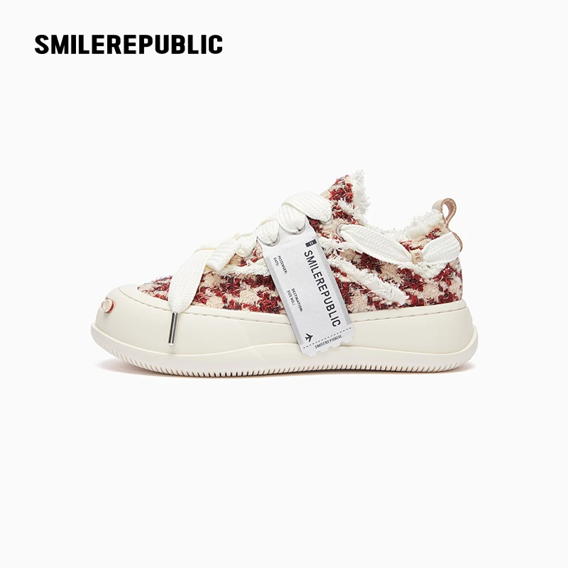 SMILEREPUBLIC 酒红闪光千鸟格低帮可替换开口笑厚底鞋