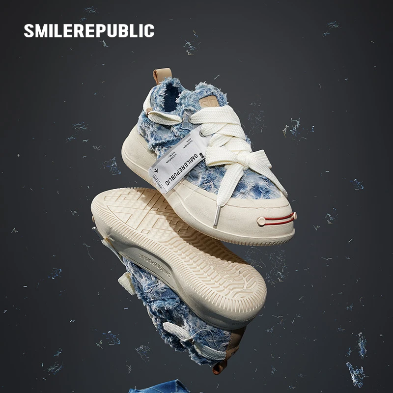 smilerepublic破洞仿旧蓝色牛仔低帮开口笑增高厚底鞋明星同款