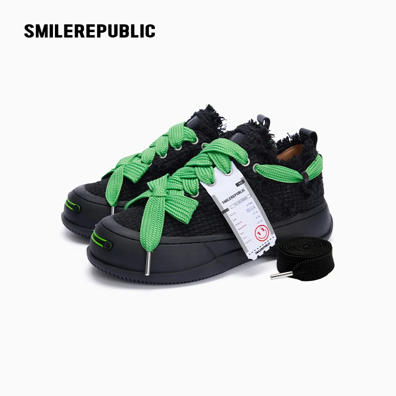 SMILEREPUBLIC 经典黑十字提花布低帮可替换开口笑黑底厚底鞋