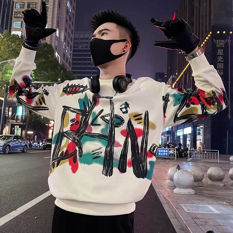 高级感涂鸦卫衣男ins潮牌T恤春秋季新款长袖春款套头圆领男款外套