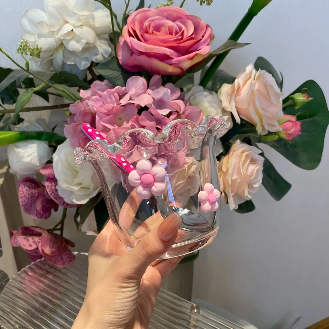 耐热玻璃花边米饭碗汤碗面碗可爱小花花甜品碗沙拉碗夏日冰淇淋碗