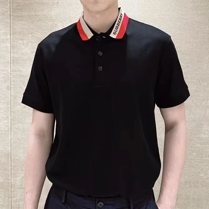 全新未使用 BURBERRY/博柏利 彩虹领商务男款黑色经典短袖Polo衫